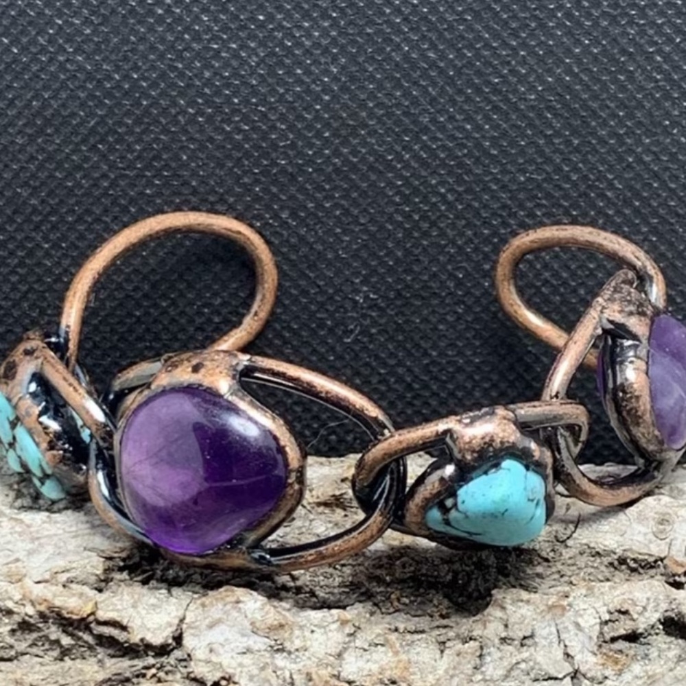 Turquoise and Amethyst bronze Bracelet - Picture 2 of 12